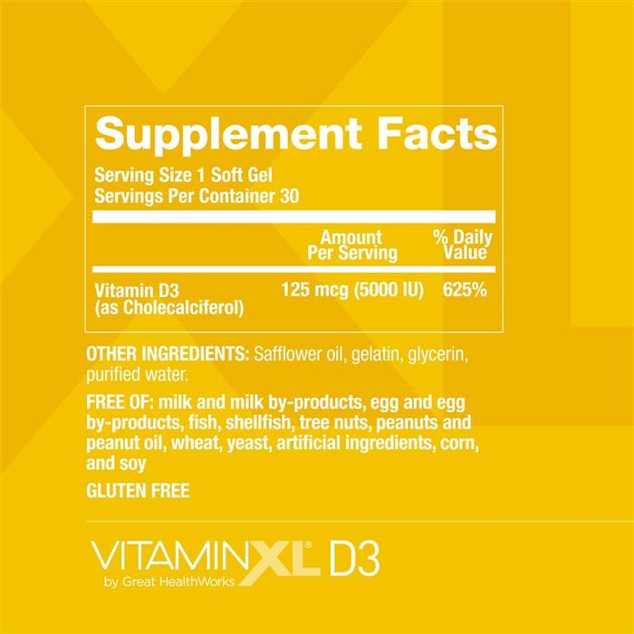 Supplement Facts: Serving Size 1 soft gel, Servings per container 30. 125mcg Vitamin D3 (as Cholecalciferol). See About section for full Supplement Facts