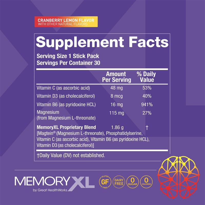 MemoryXL: Gluten free, Dairy free, 0 sugar, 0 calories. See About section for full Supplement Facts