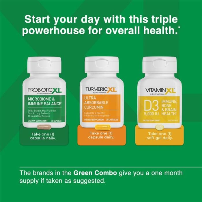 Start your day with this triple powerhouse for overall health. Take 1 capsule daily of ProbioticXL, TurmericXL, and VitaminXL D3