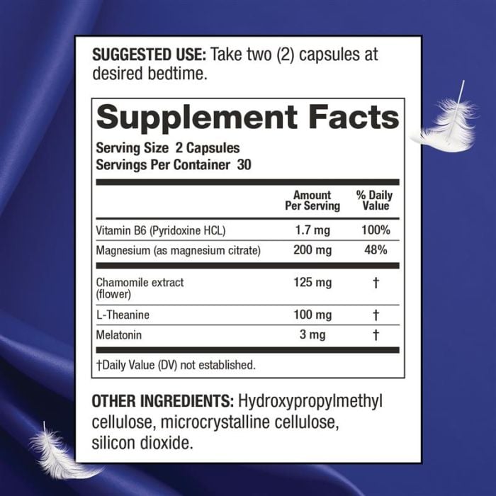 Suggested Use: Take two (2) capsules at desired bedtime. Serving Size 2 Capsule, Servings per Container 30. See About section for full Supplement facts