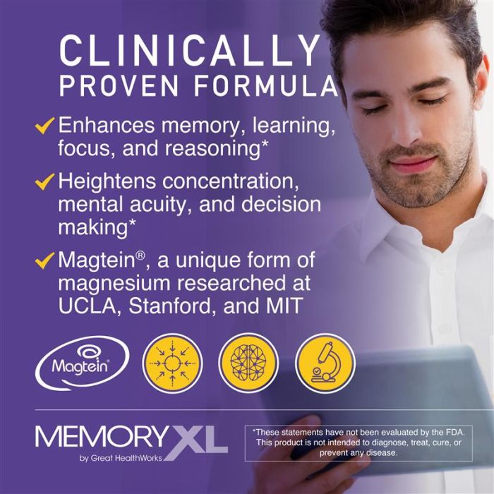 Clinically proven formula: enhances memory, learning, focus, and reasoning. Heightens concentration, mental acuity, and decision making. Magtein, a unique form of magnesium researched at UCLA, Stanford, and MIT