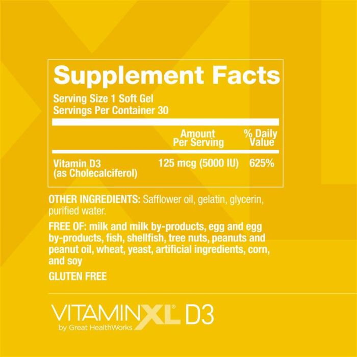 Supplement Facts: Serving Size 1 soft gel, Servings per container 30. 125mcg Vitamin D3 (as Cholecalciferol). See About section for full Supplement Facts