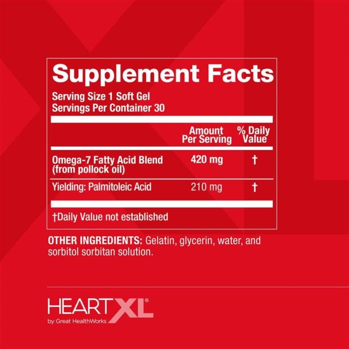 Supplement Facts: Serving Size 1 Soft Gel, Servings Per Container 30, 420mg Omega-7 Fatty Acid Blend (from pollock oil), 210mg Yielding: Palmitoleic Acid. Other ingredients: gelatin, glycerin, water, and sobitol sorbitan solution.