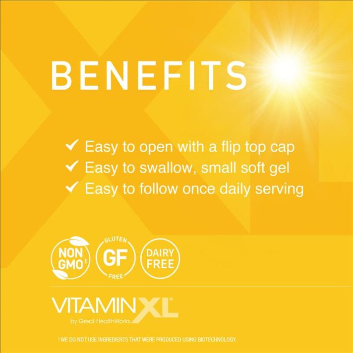 Benefits: easy to open with a flip top cap. Easy to swallow, small soft gel. Easy to follow once daily serving. Non-GMO, Gluten free, Dairy free