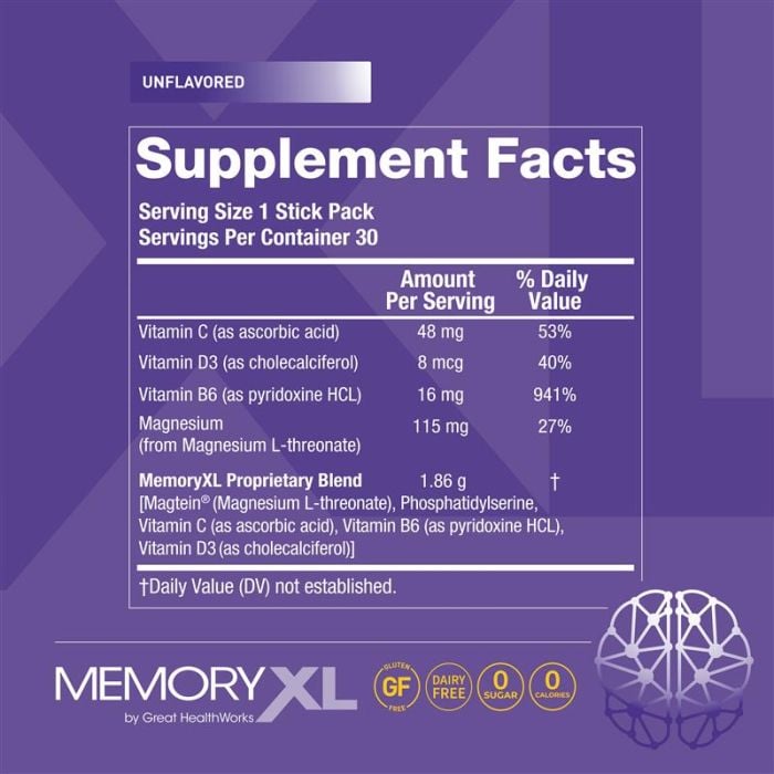 MemoryXL: Gluten free, Dairy free, 0 sugar, 0 calories. See About section for full Supplement Facts