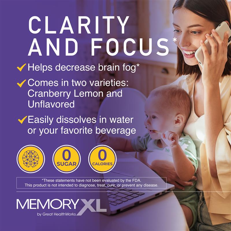 Clarity and focus: helps decrease brain fog. Comes in two varieties, Cranberry Lemon and Unflavored. Easily dissolves in water or your favorite beverage. 0 sugar, 0 calories.