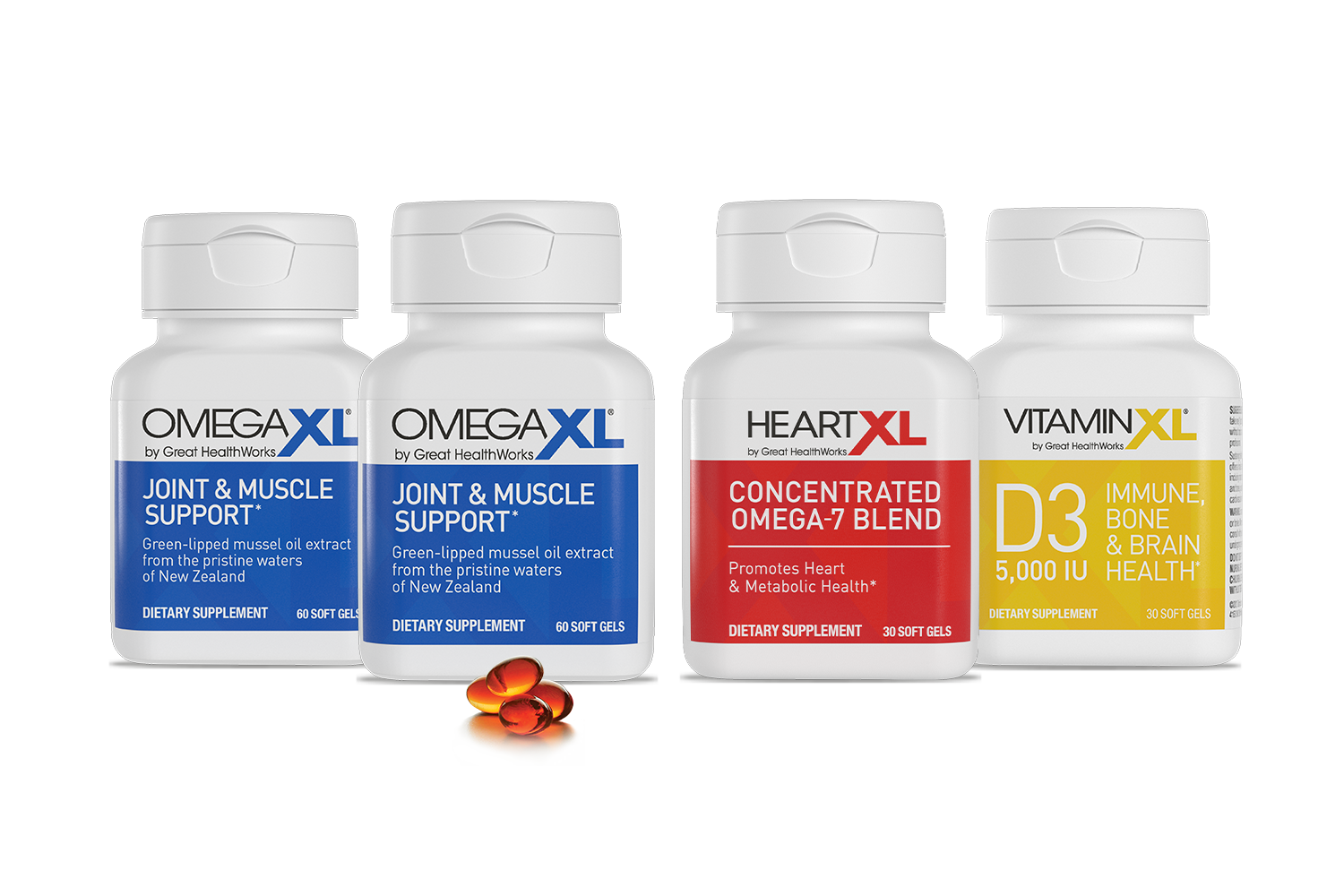 OmegaXL 60ct X2, HeartXL, and VitaminXL D3