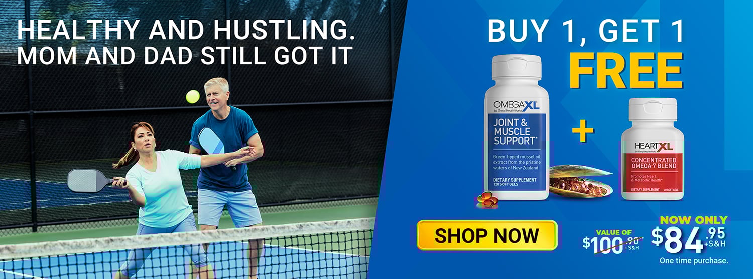 Healthy and Hustling. Mom and Dad still got it. Buy One OmegaXL 120 count and Get one HeartXL 30 count for Free for $84.95 plus shipping and handling. Shop Now!
