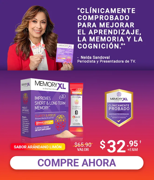 Clinicamente comprobado para mejorar los marcadores de apredizaje, memoria y cognicion. Compre un MemoryXL Sabor Arándano Limón y llévese uno gratis MemoryXL Sin Sabor, un valor de $130.00 por $49.95. MemoryXL mejora la memoria a corto y largo plazo, y es libre de gluten, libre de lácteos, con cero azúcar y cero calorías. Compre ahora.