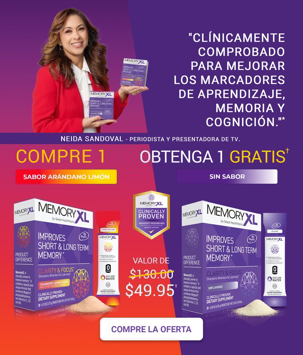 Clinicamente comprobado para mejorar los marcadores de aprendizaje, memoria y cognicion. Compre un MemoryXL Sabor Arándano Limón y llévese uno gratis MemoryXL Sin Sabor, un valor de $130.00 por $49.95. MemoryXL mejora la memoria a corto y largo plazo, y es libre de gluten, libre de lácteos, con cero azúcar y cero calorías. Compre ahora.